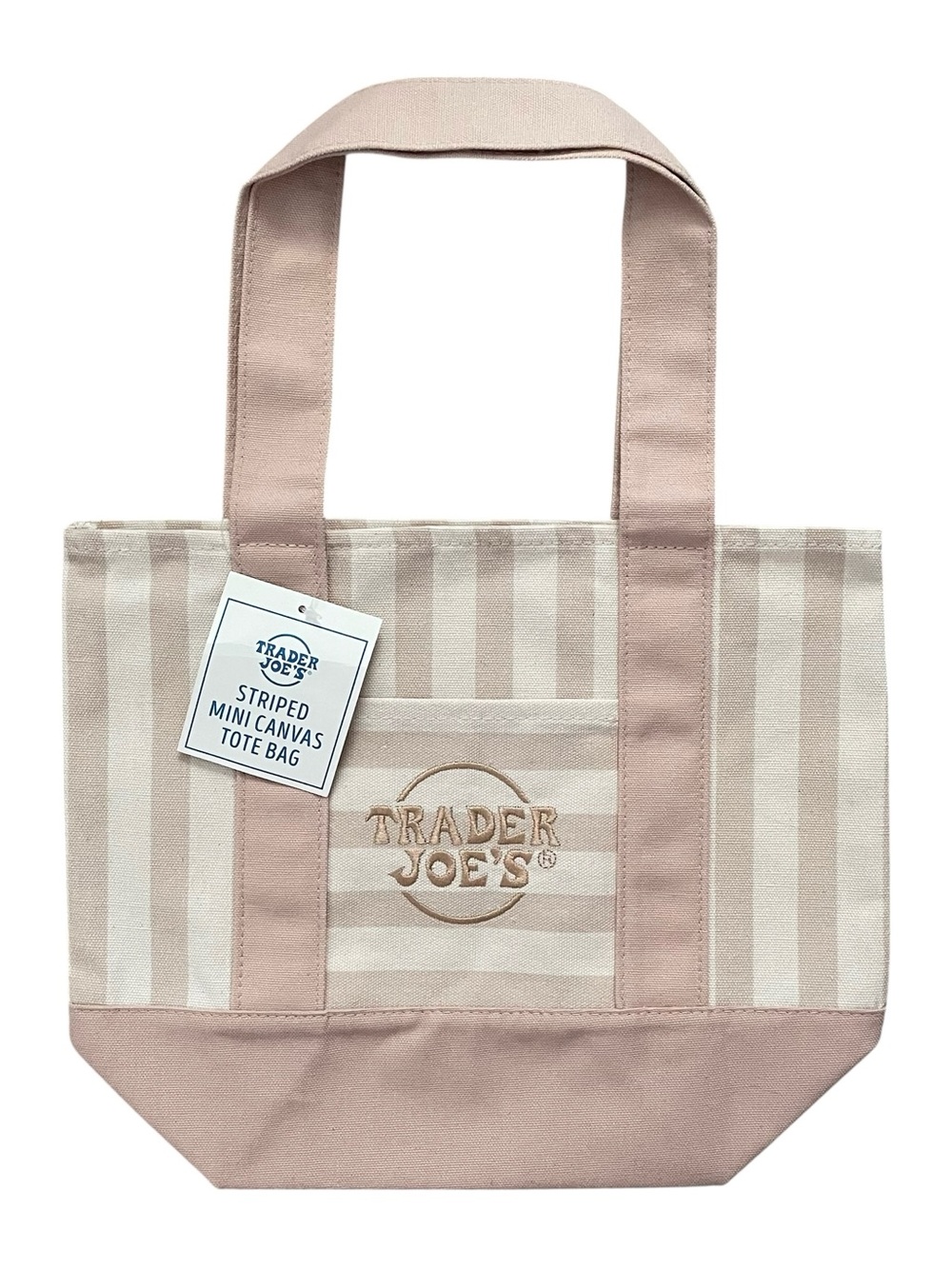 Trader Joe's Striped Mini Canvas Tote Pastel Green and Tan - Picture 4 of 6